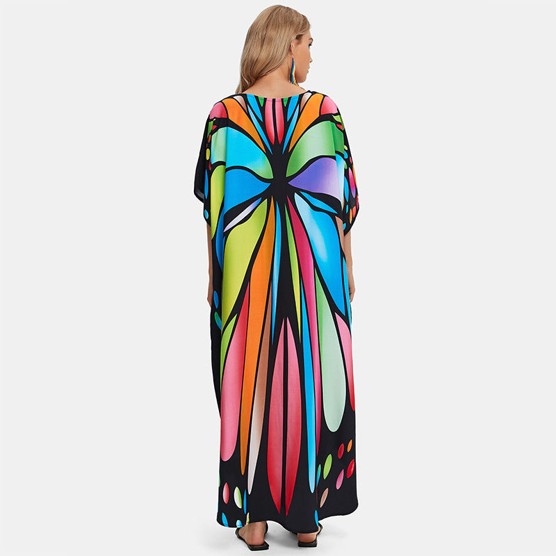 Bata holgada con estampado de rayón para mujer, talla grande, para playa, vacaciones, maxivestido, camisa de protección solar