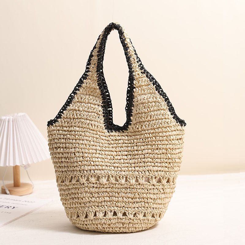 Bolso de paja de gran capacidad con un solo hombro, informal, con recortes, portátil, tejido, para playa y vacaciones en la playa. 