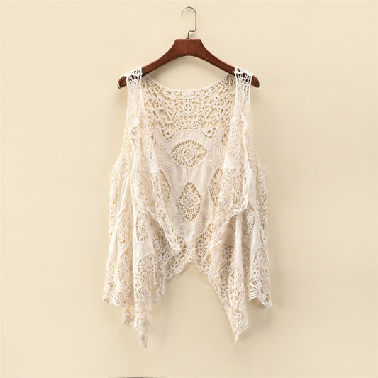 Women Summer Coat Thin Coat Sleeveless Lace Cardigan All Match Shawl Beachwear Sun Protection Clothing Women Hollow Out Cutout Shirt