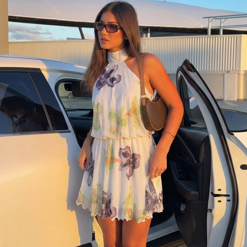 Women Clothing Summer Printed I Halter Fitted Waist Backless Lace up Dress BULLINGER