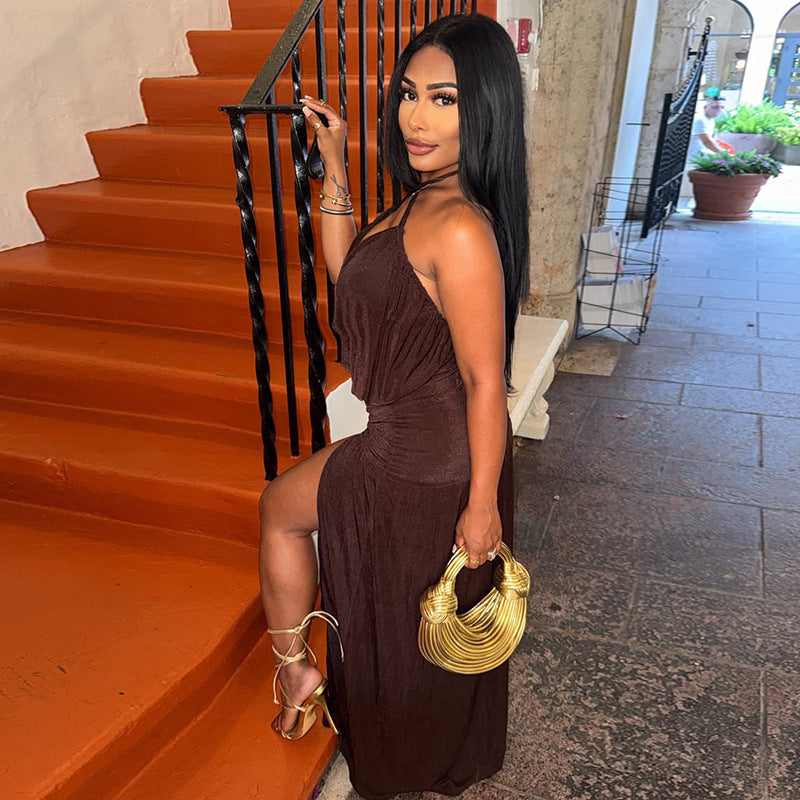 Women Clothing Solid Color Split Asymmetric Wrapped Chest Deep V Plunge neck Sexy Halter Dress Kinci