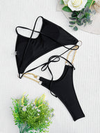 Maillot de bain une pièce double pour femme, bikini à bandes, dos nu, couleur unie