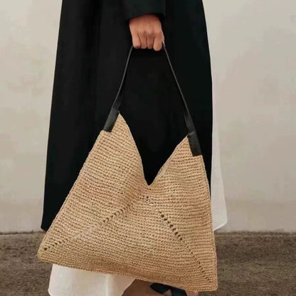 Shoulder Large Capacity Straw Bag Raffia Hollow Out Cutout Woven Bag Vacation Beach Bag Big Triangle Women Bag