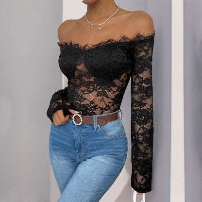 Mono negro de manga larga con cuello desbocado para mujer