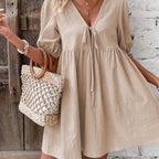 Elegant Loose Woven Deep V Plunge neck Design Chest Lace up A line Dress Yiskiss
