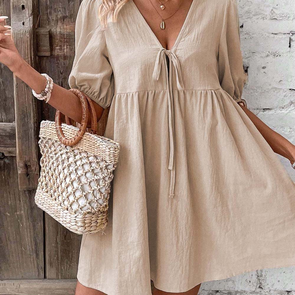Elegant Loose Woven Deep V Plunge neck Design Chest Lace up A line Dress Yiskiss