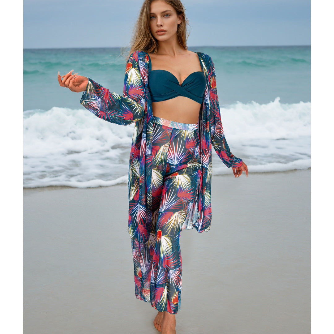Conjunto de cuatro piezas para mujer, traje de baño de manga larga, blusa, pantalones de protección solar, bikini