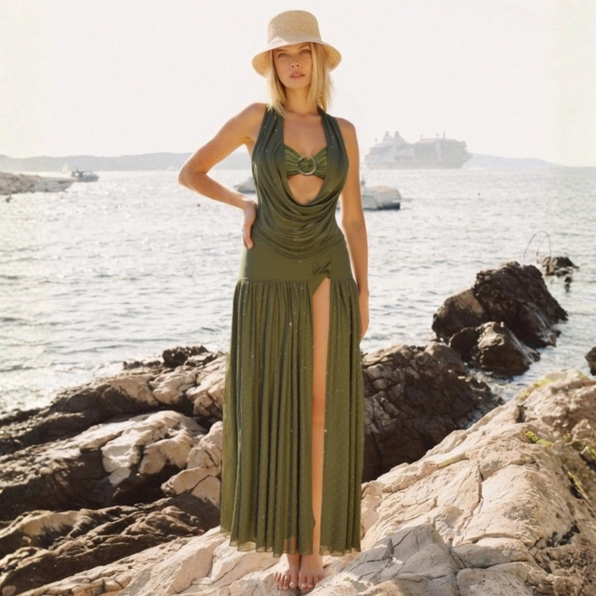 Bikini Army Green Halter Mesh Crystal Embellishment Split Swimsuit for Women ShineRealm