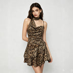 Leopard Print Halter Dress Backless Waist Trimming Ruffled Sexy Small Slim Dress Yiskiss