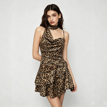 Leopard Print Halter Dress Backless Waist Trimming Ruffled Sexy Small Slim Dress Yiskiss