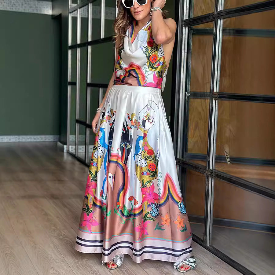 Spring Summer Sleeveless Printed Dress Casual Loose Vacation Lace up Dress Oyrina