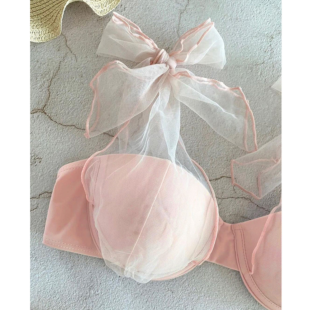 Traje de baño de malla de color sólido con tirantes divididos para mujer, bikini sexy fresco sin espalda