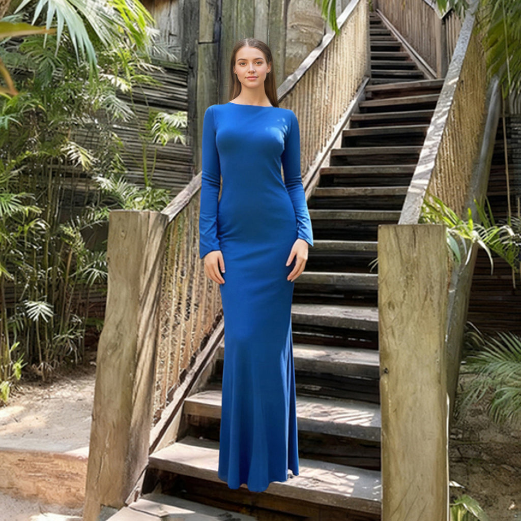Lace up Stitched Backless Sexy Long Sleeved Dress Women Vacation Elegant Pure Maxi Dress LingSharp