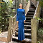 Lace up Stitched Backless Sexy Long Sleeved Dress Women Vacation Elegant Pure Maxi Dress LingSharp