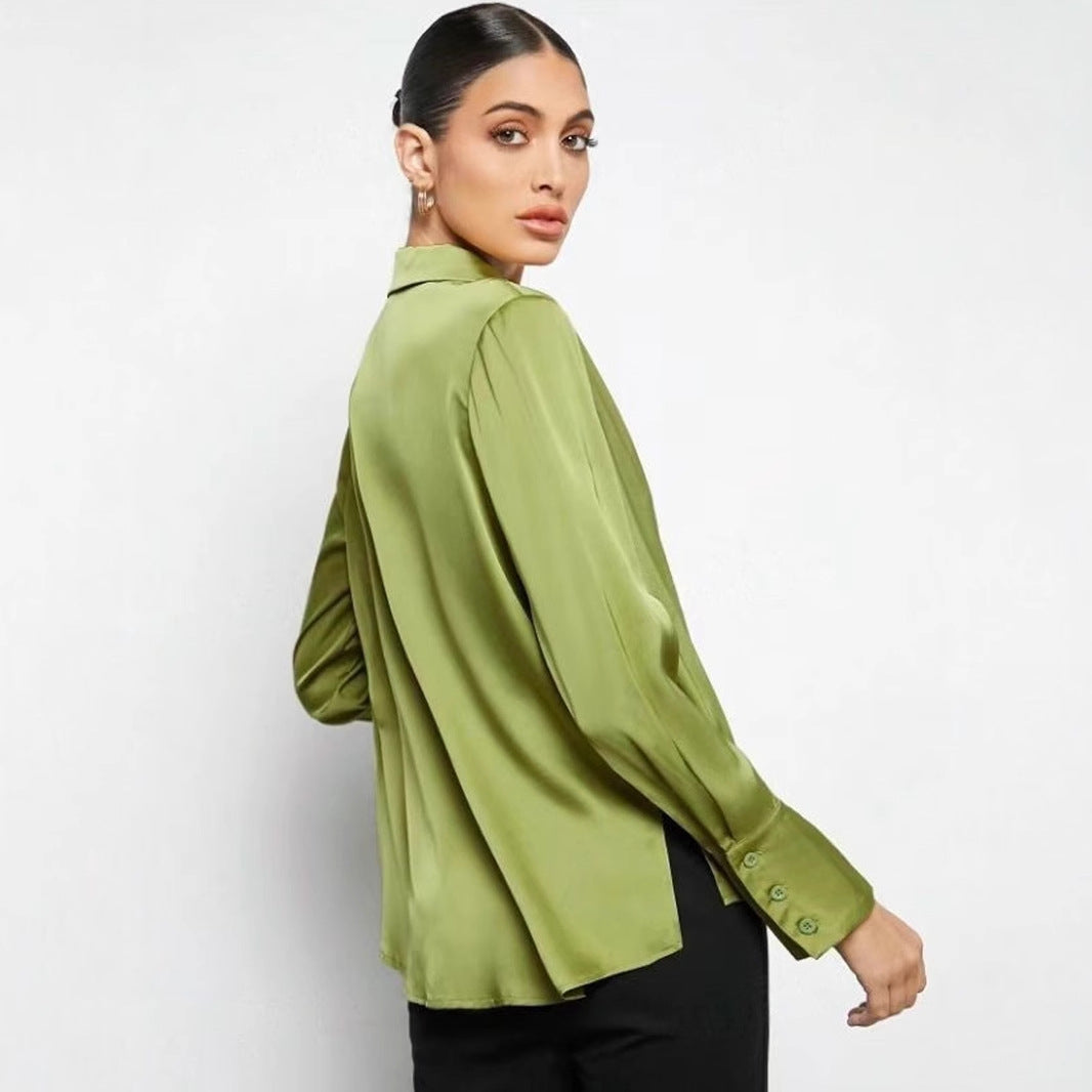 Chemise en satin imitation soie, collection printemps-été femme, style minimaliste, manches longues