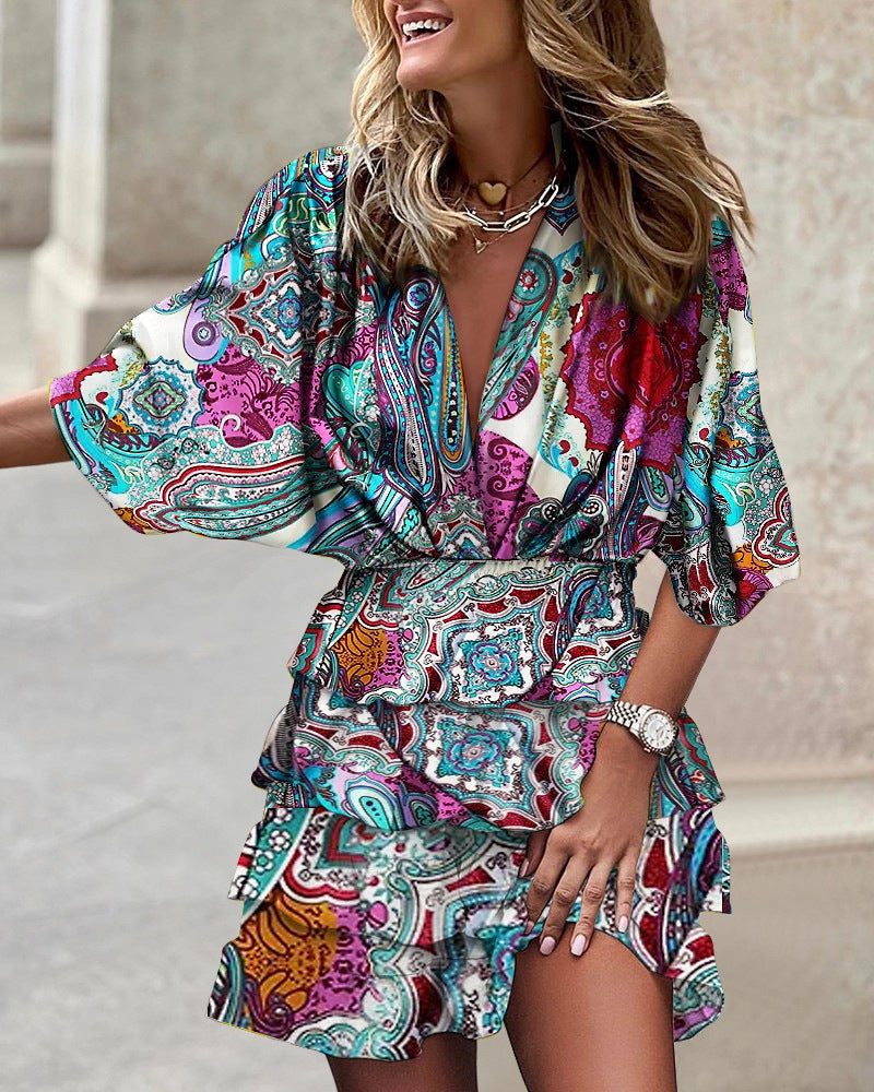 Women Batman Sleeve V Neck Irregular Hem Dress SZEX