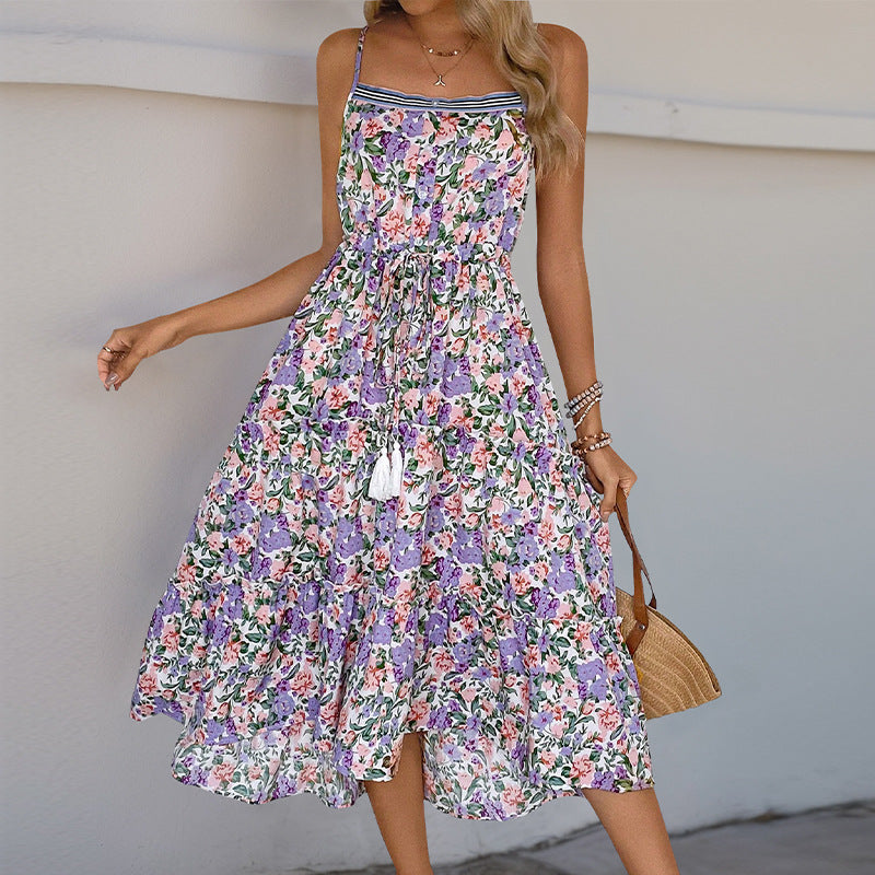 Women Summer Suspender Pleating Printed Ruffled Dress HUNDRED