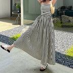 Waist Controlled Slim Fit Slimming Pleated Large Swing Vacation Maxi Dress Korean Black White Striped Tube Top Cami Dress EverBillion