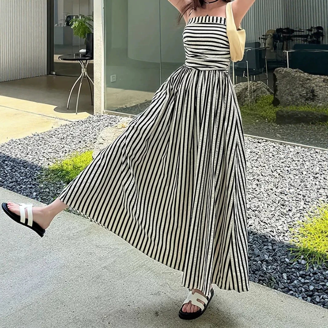 Waist Controlled Slim Fit Slimming Pleated Large Swing Vacation Maxi Dress Korean Black White Striped Tube Top Cami Dress EverBillion