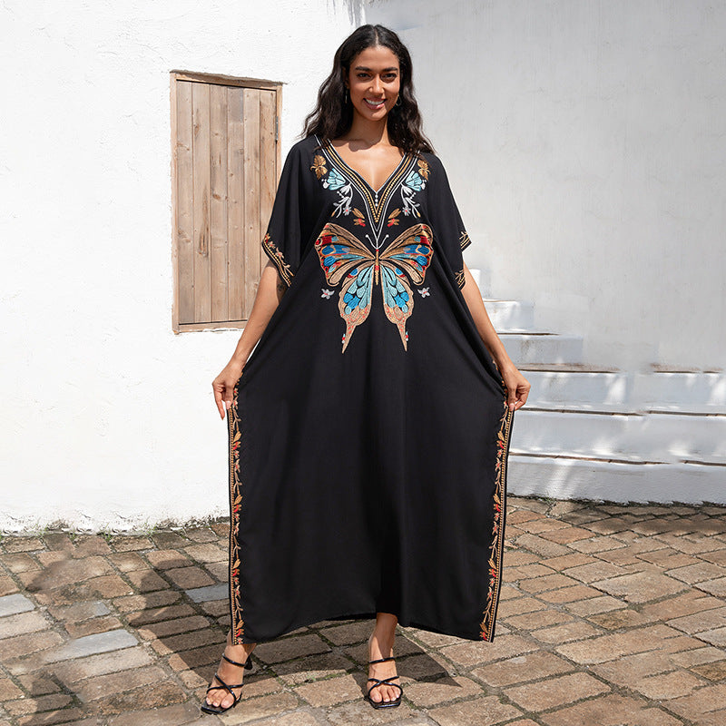 Rayon Embroidered Vacation Loose Beach Maxi Dress Women Beach Cover Up Sun Protective Clothing EvenStar