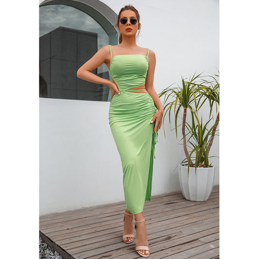 Vestido midi de verano sexy sin mangas con abertura y escote en V de seda color leche para mujer