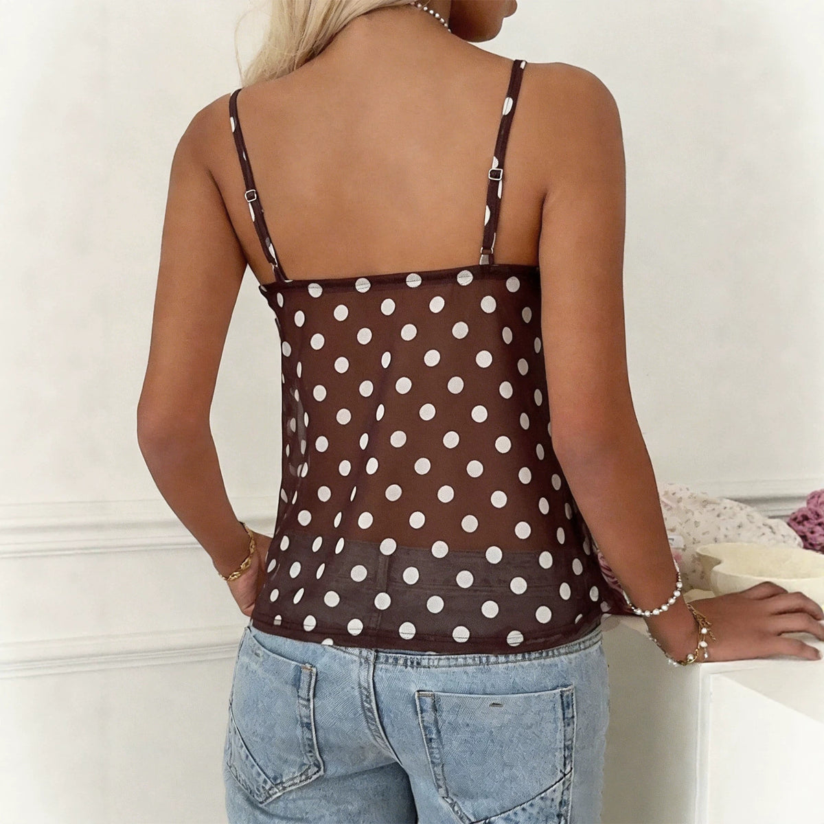 Summer Dot Mesh Camisole Women V neck Waist Controlled Slimming Sexy Short Top Yiskiss