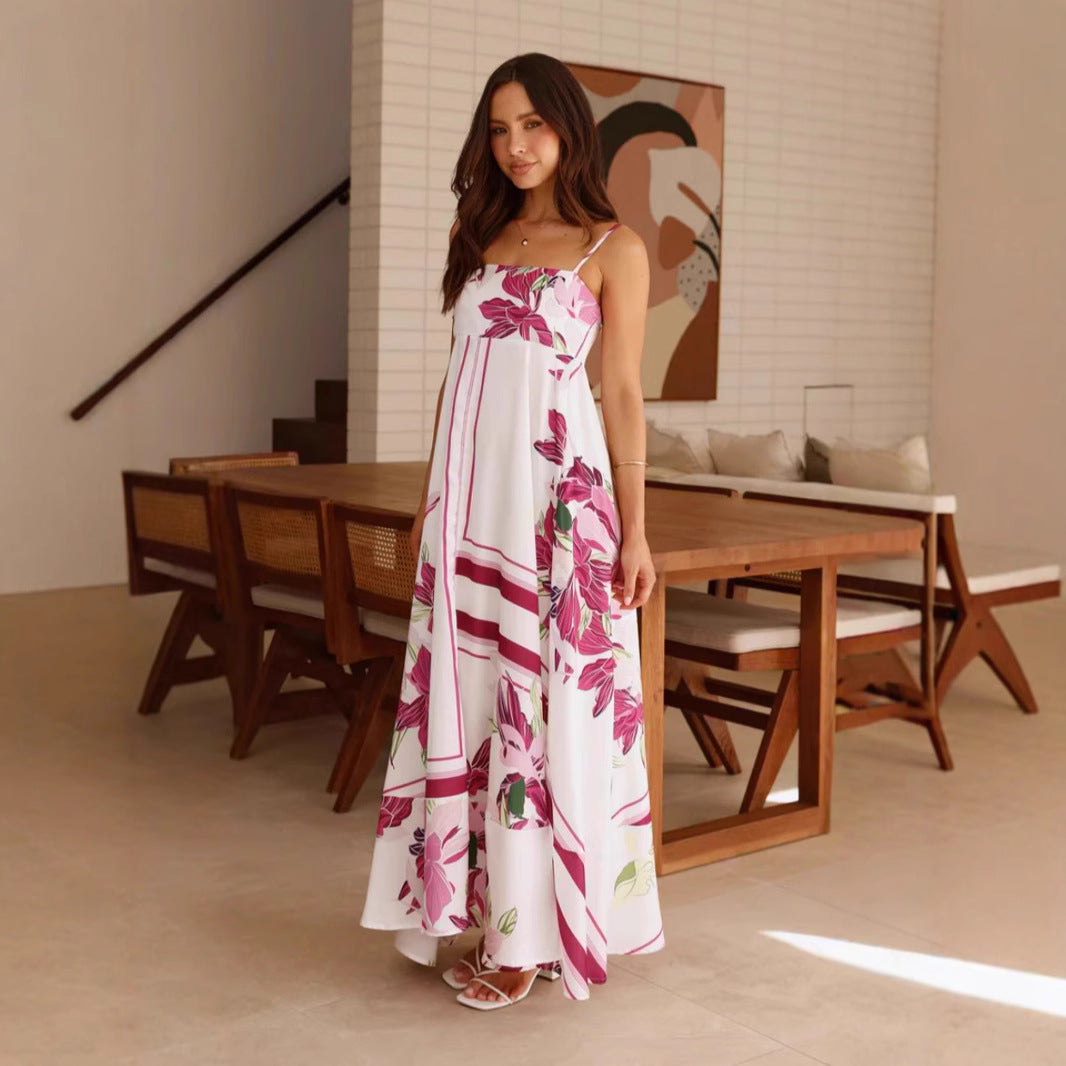 Printed Sling High Waist A line Dress Casual Vacation Spaghetti Straps Maxi Dress Zemy