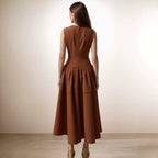 Brown Sleeveless round Neck Front Zipper Design High Waist Big Swing Layered Dress Vacation Rogan