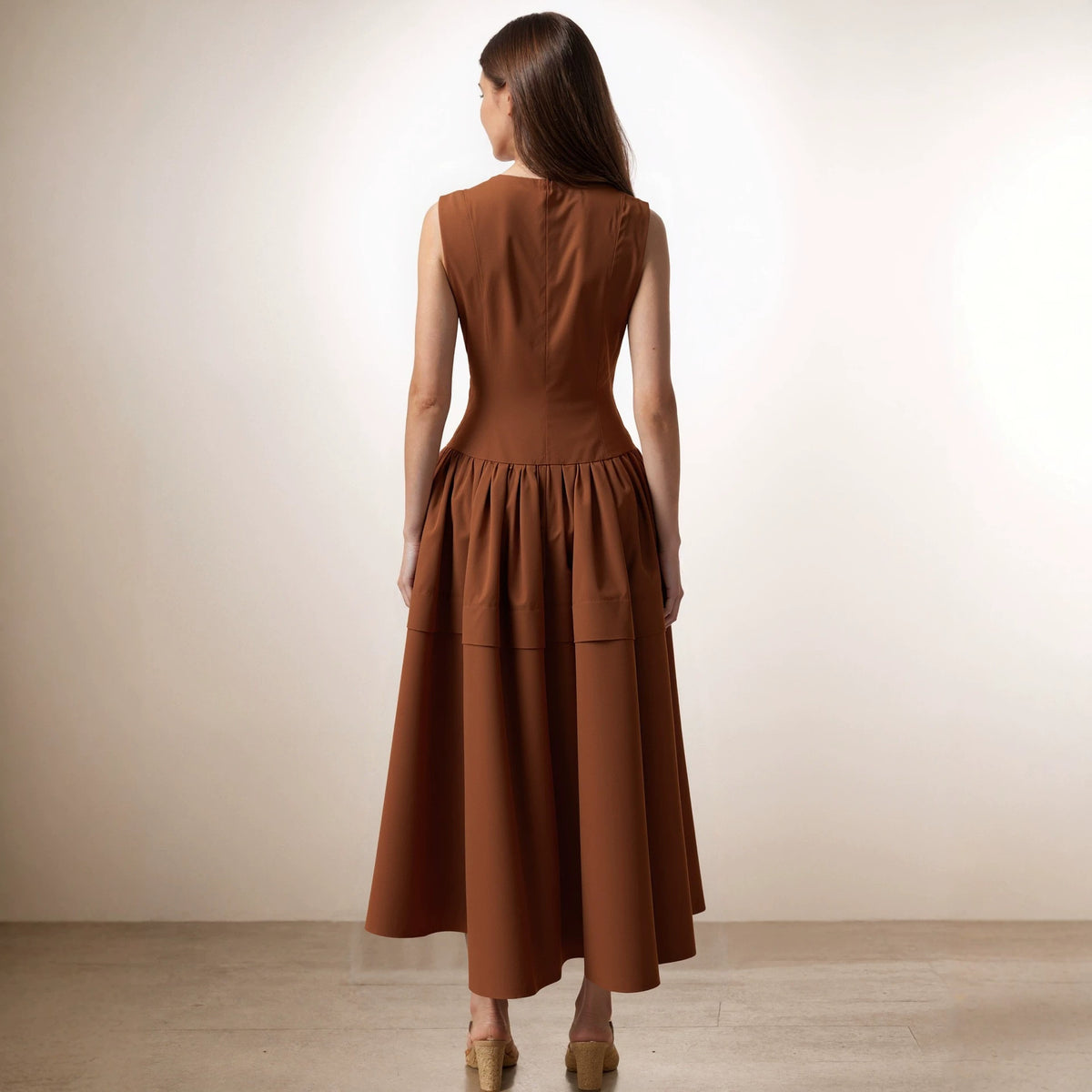 Brown Sleeveless round Neck Front Zipper Design High Waist Big Swing Layered Dress Vacation Rogan
