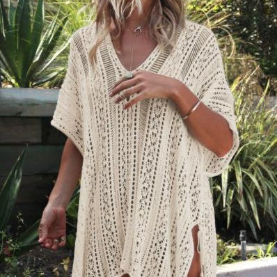 Traje de baño de vacaciones Hueco Recortado con cuello en V Suelto para cubrir la playa Vestido de ropa de punto para protección solar en la playa