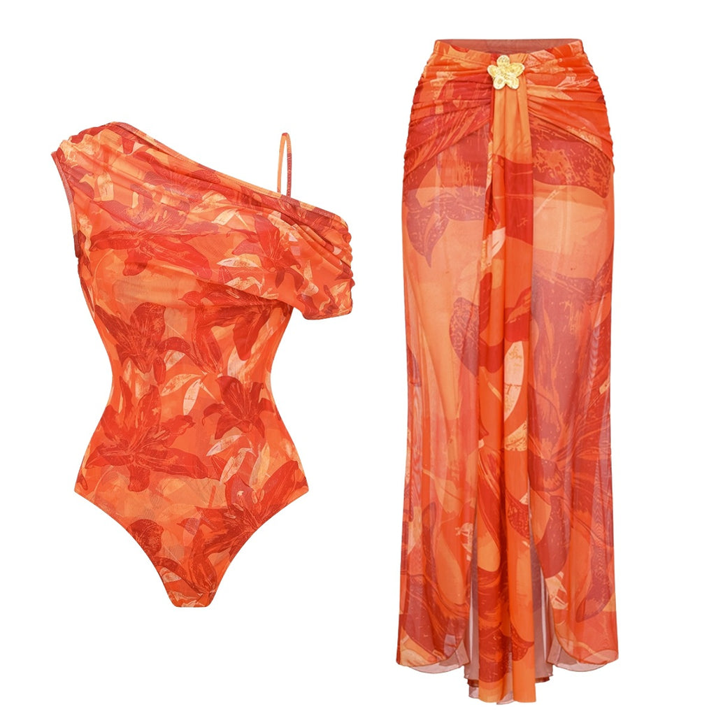 Swimwear Orange Floral Shoulder Mesh One Piece Swimsuit Set for Women ShineRealm