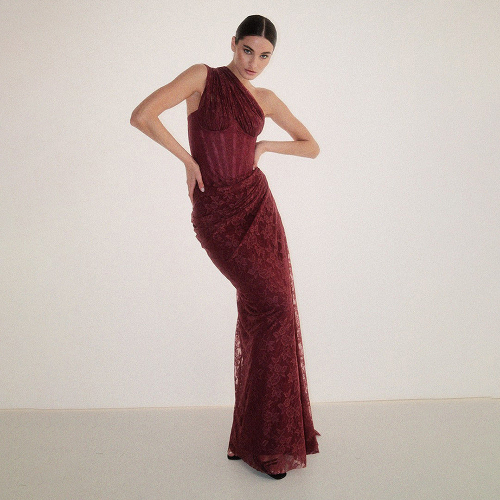 Women Sexy Deep V Plunge Neck Backless Hip Hugging Burgundy Dress Lace Pleated Fishtail Dress Sight