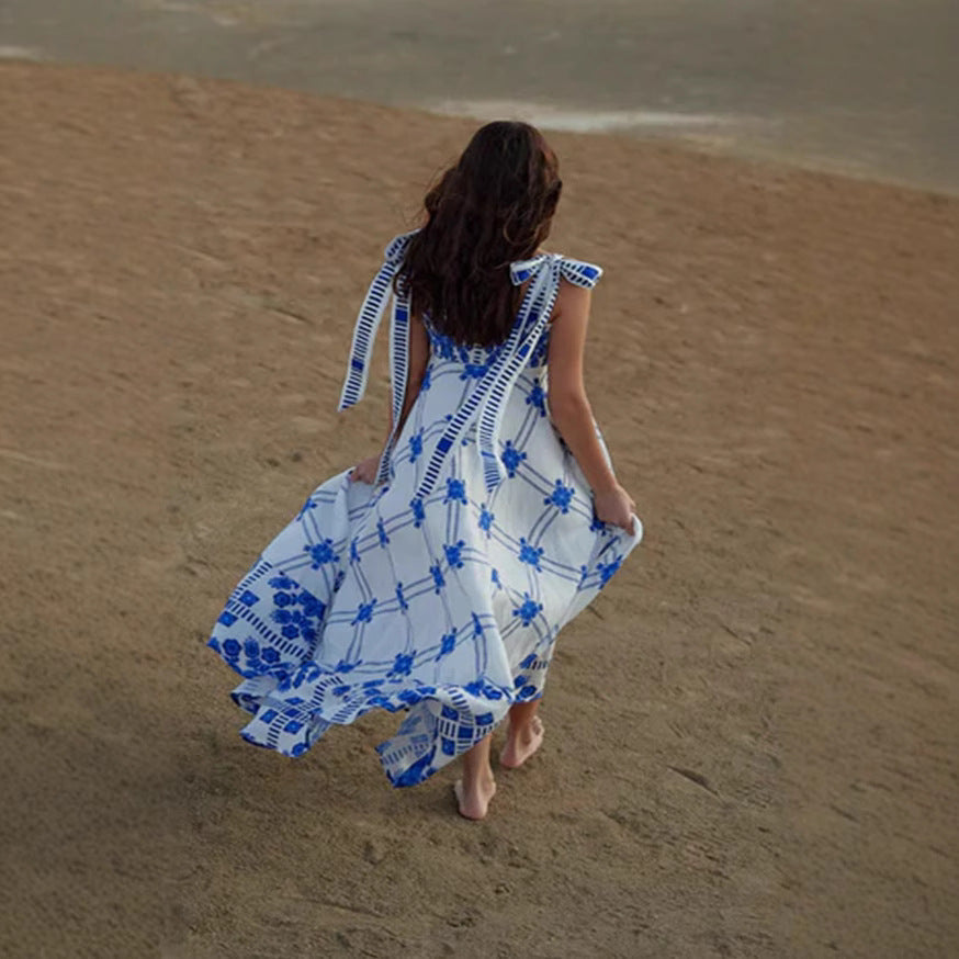 Summer Vacation Halter Spaghetti Straps Maxi Dress Sleeveless Printed Dress XUYUN