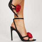 High Heel Sandals Women Heels Black Color 11cm Stiletto Heel Pointed Toe Satin Surface Rhinestone Floral Fuling