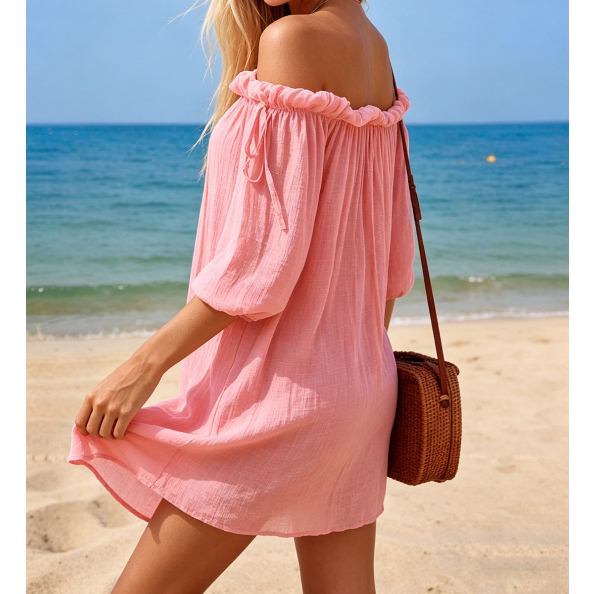 Robe d'été épaules dénudées ample en coton froissé, paréo de plage, vacances au bord de la mer, robe courte demi-manches pour femme
