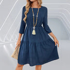 Spring Summer Women Tight Waist 3/4 Sleeve round Neck Dress AIYOYA