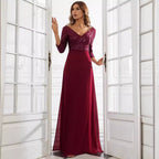 Middle East Women Chiffon Double V neck Dress A line Large Hem Sequin Stitching Evening Dress RayWin