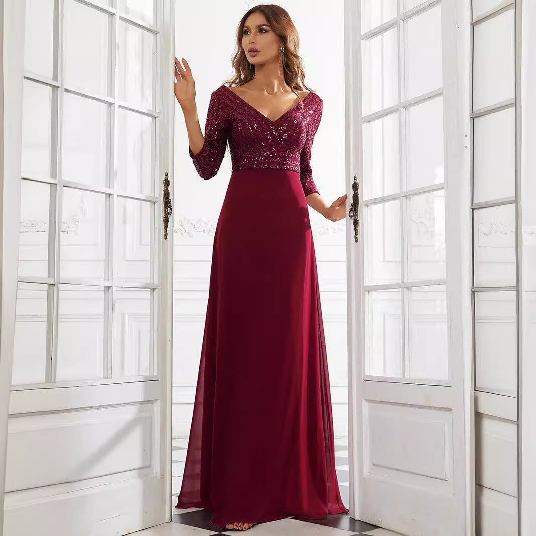 Middle East Women Chiffon Double V neck Dress A line Large Hem Sequin Stitching Evening Dress RayWin
