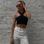 Women Clothing Cross-Halterneck Knitted Short Outer Wear Sling Small Tank Top MINODI
