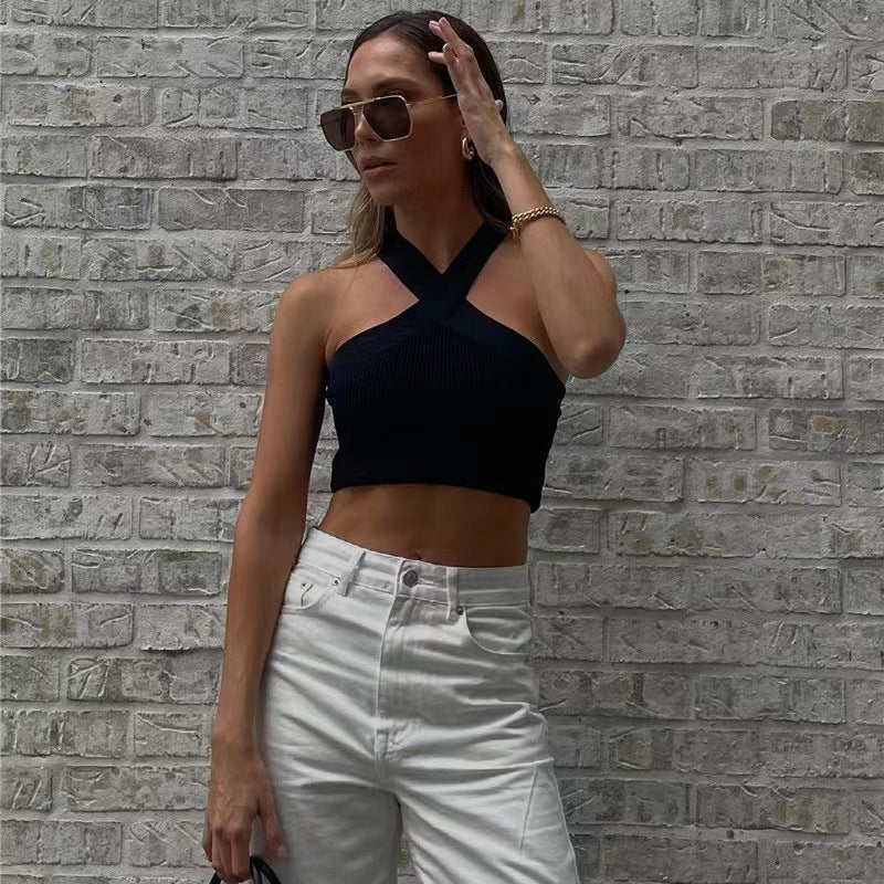 Women Clothing Cross-Halterneck Knitted Short Outer Wear Sling Small Tank Top MINODI