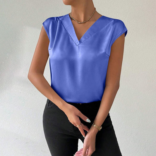Spring Summer Satin Shirt Women Party V neck Casual Short Sleeve Satin Shirt