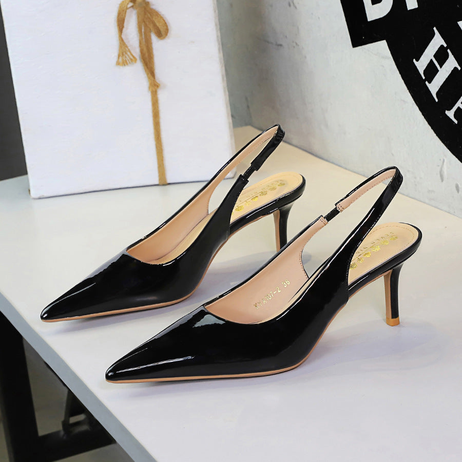 Pointed Toe Shallow Mouth Stiletto Heel Adult Lady like Woman Elegant Sexy Closed Toe High Heel Sandals Back Empty Back Strap ForestFootwear