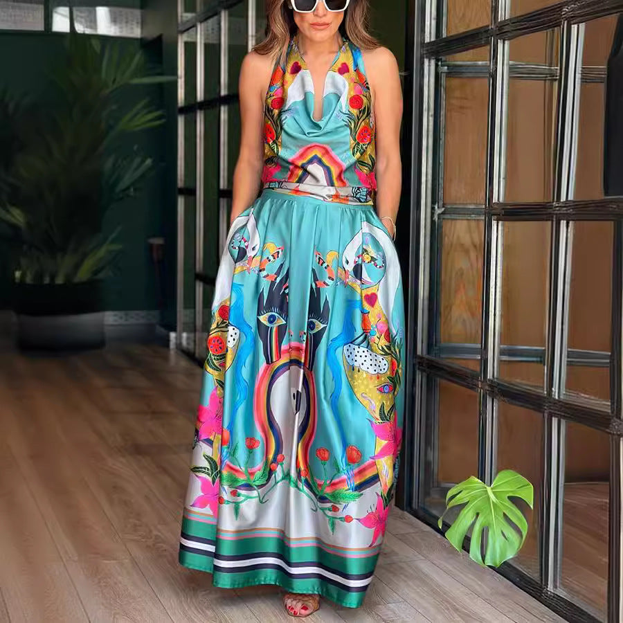 Spring Summer Sleeveless Printed Dress Casual Loose Vacation Lace up Dress Oyrina