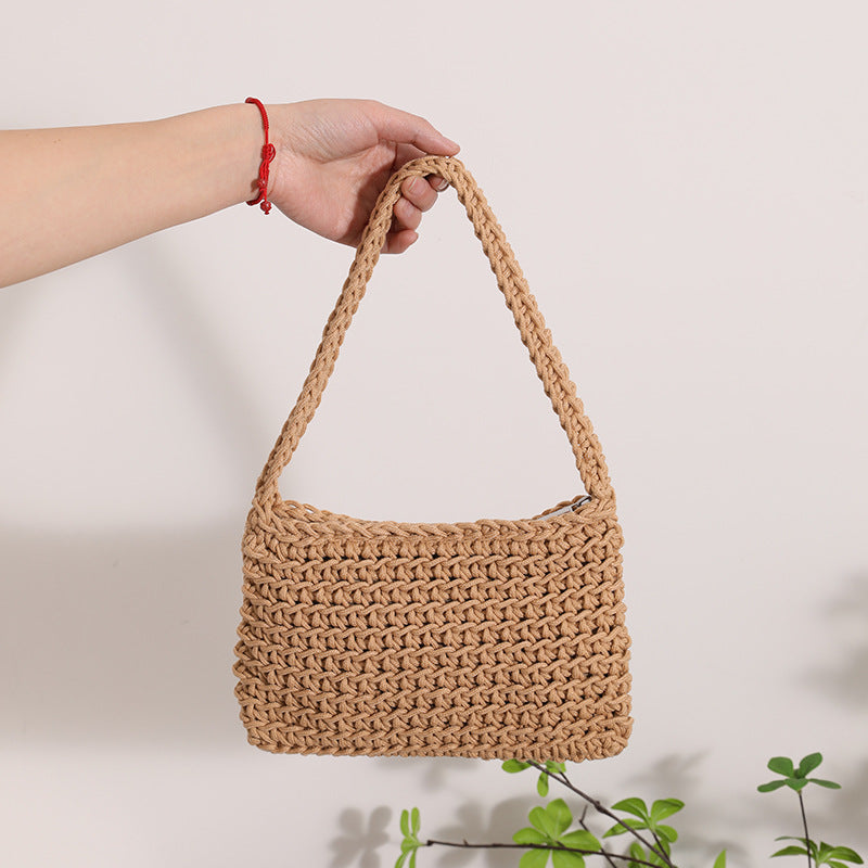 All Match Shoulder Cotton Thread Woven Bag Fresh Square Underarm Bag Straw Bag Solid Color Office Handbag Women EaseWoven