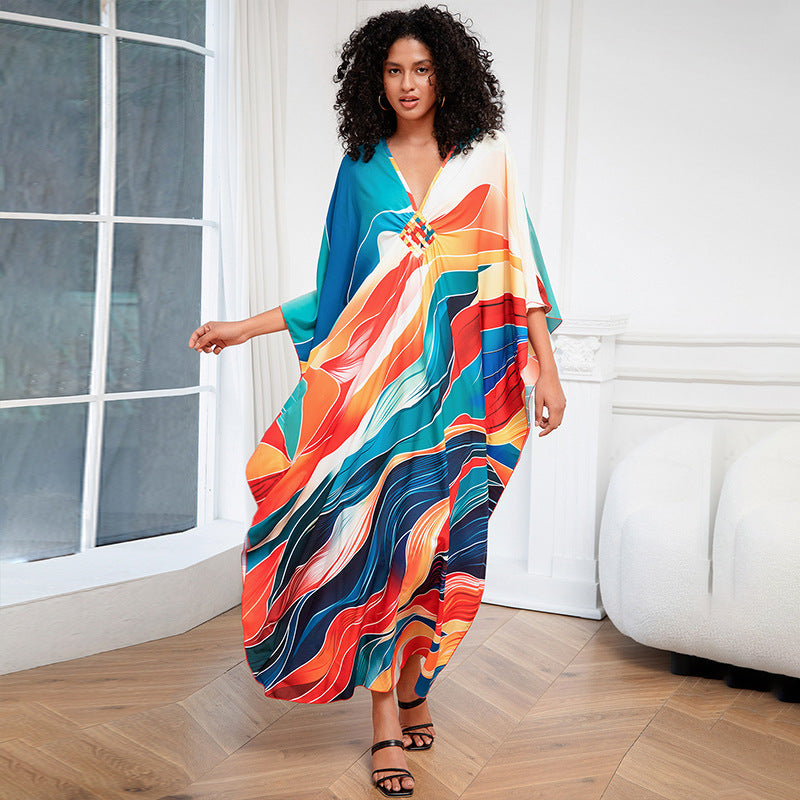 Bata holgada de talla grande para playa, para vacaciones, con estampado de posicionamiento, para mujer