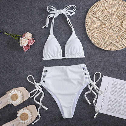 Bikini sexy de color sólido con cintura alta y abertura para mujer, traje de baño de verano con copa triangular y cuello halter