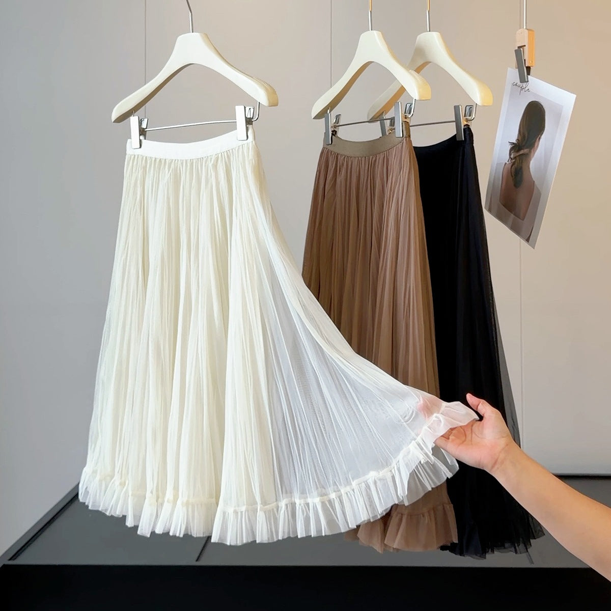 French Pleated Mesh Skirt Women Summer Wide Hem Loose High Waist Slimming Mid Length Yarn Skirt Sunnygrace