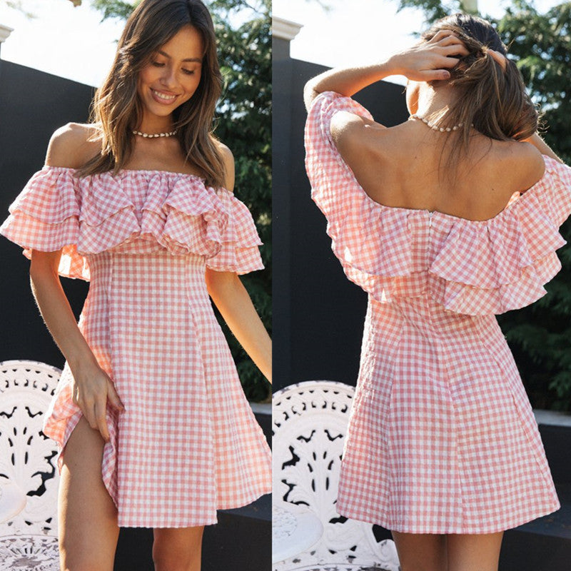 Women Clothing New Plaid off-Shoulder Ruffled Collar Show Fashion Dress VIVIAN