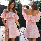 Women Clothing New Plaid off-Shoulder Ruffled Collar Show Fashion Dress VIVIAN