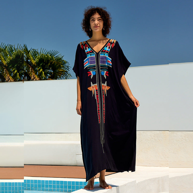 Robe longue ample brodée en rayonne, veste de plage, robe longue de vacances, cache-maillot de plage